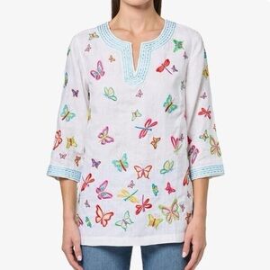 John Mark White Tunic Top with Multicolor Butterfly Embroidery